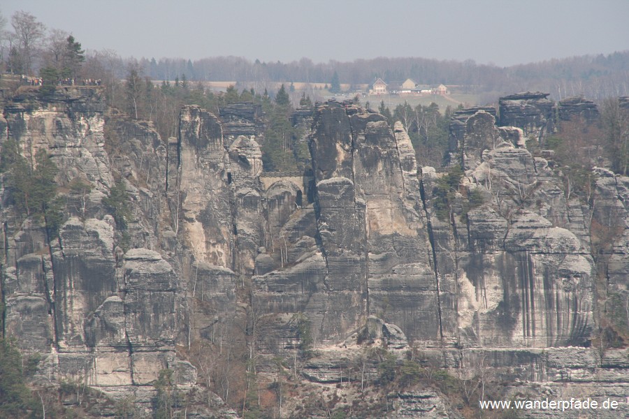 Basteiaussicht, Sieberturm, Basteibrcke, Groe Steinschleuder, Kleine Steinschleuder, im Hintergrund Hocksteinschenke